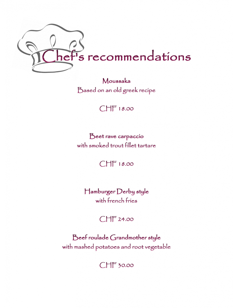 Chefs recommendations menu march 2022